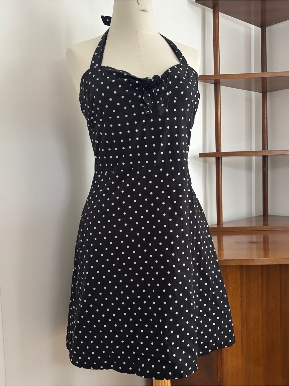 90s Cotton Stretch Gloria Vanderbilt Black and White Polka Dot Halter Dress